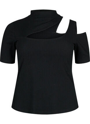 Short-sleeved blouse with cut-out section, Black, Packshot image number 0