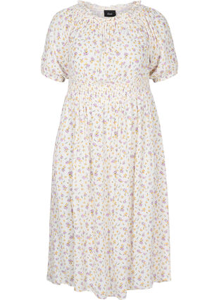 Floral off the shoulder midi dress in viscose, White Flower AOP, Packshot image number 0