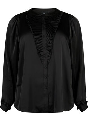 Satin shirt blouse with ruffle details, Black, Packshot image number 0