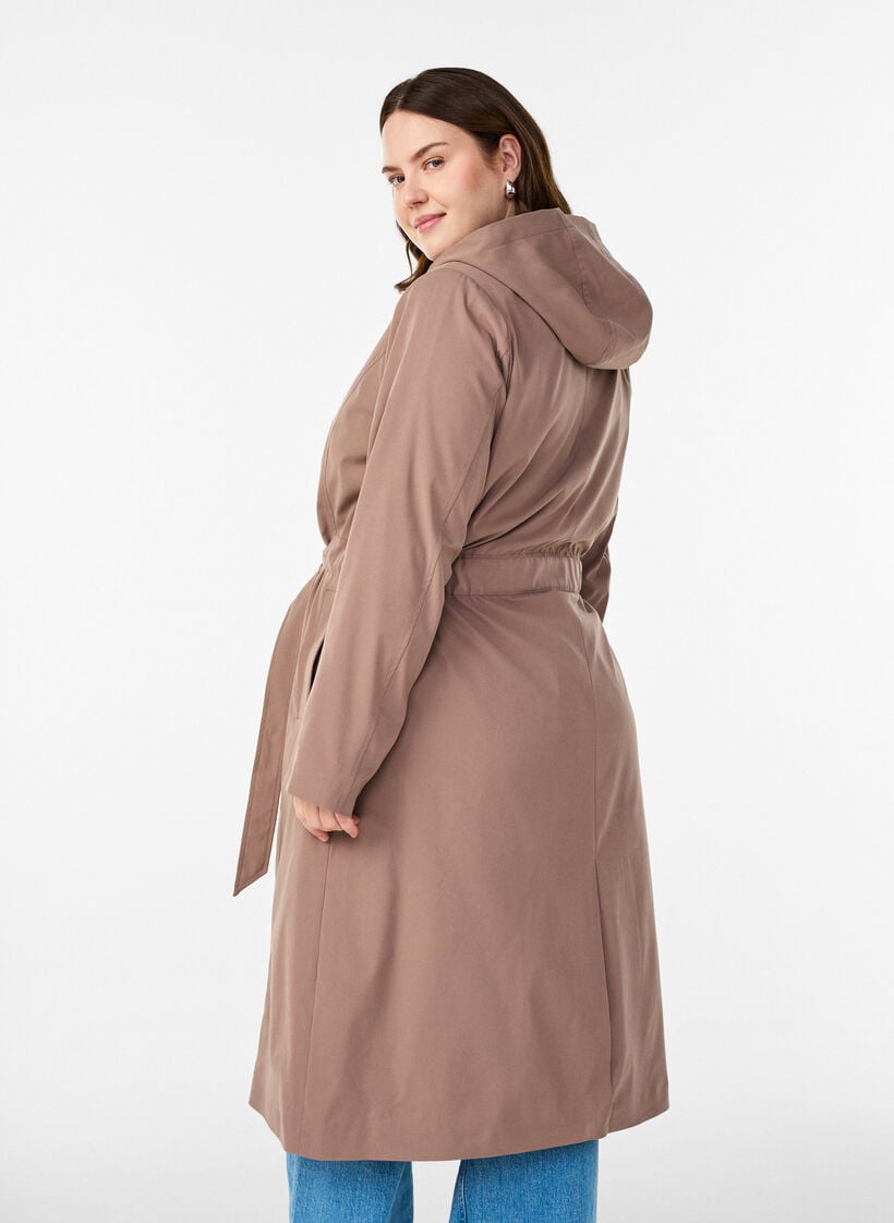 Trench coat with hood and tie belt, Brown, Model