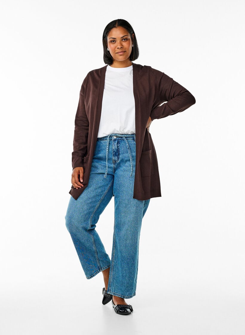 Long knitted cardigan in a viscose blend, Brown, Model image number 1