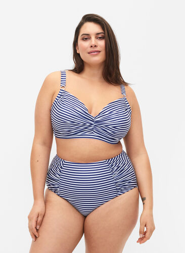 Striped bikini bottom with high waist, Blue Striped, Model image number 0