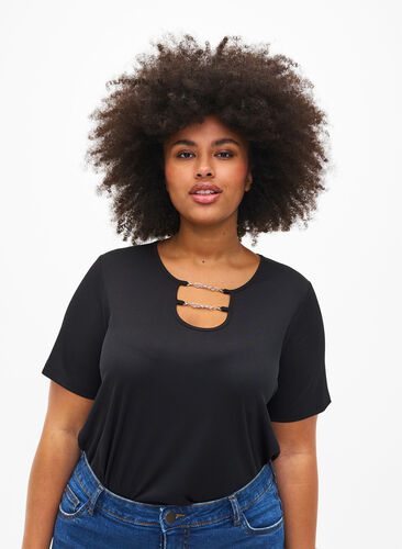 Ribbed blouse with chain detail, Black, Model image number 0