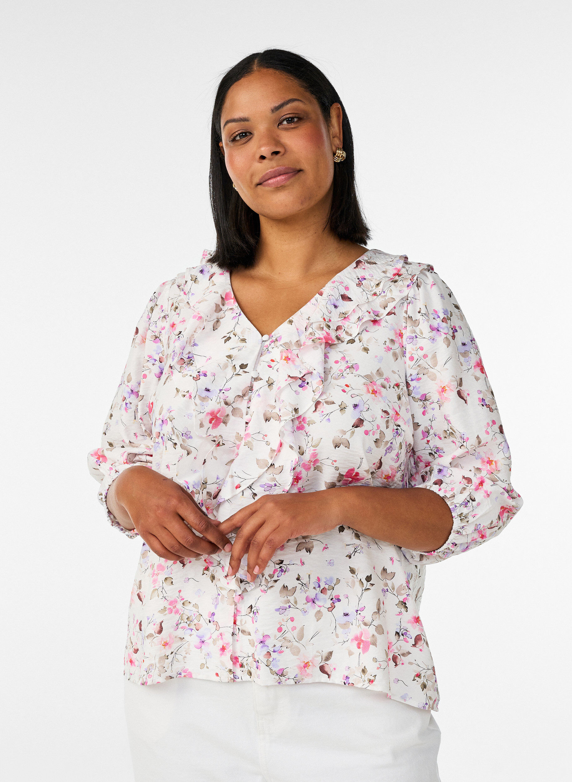 ZizzifashionViscose blouse with floral print and 3/4 sleeves, Vanilla, Model image number 0