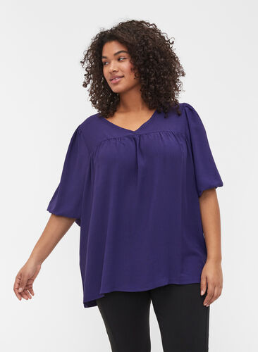 Short-sleeved blouse with a V-neck, Parachute Purple, Model image number 0