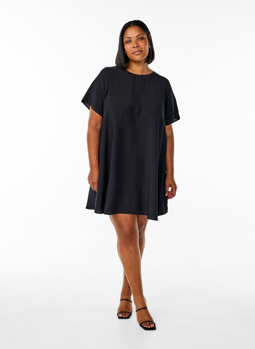 A-line viscose dress with short sleeves, Black, Model image number 1