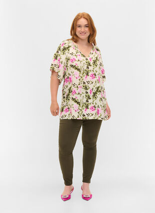 Viscose blouse with short sleeves, Green Pink AOP, Model image number 2
