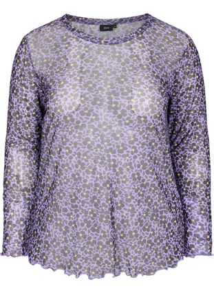 Tight fit mesh blouse with floral print, Purple AOP, Packshot image number 0