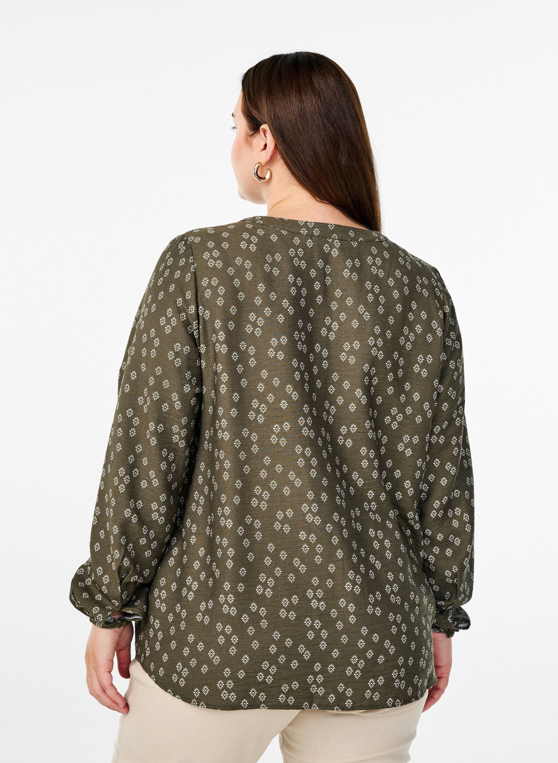 Zizzifashion Long-sleeved blouse with pattern and buttons, Green, Model image number 2