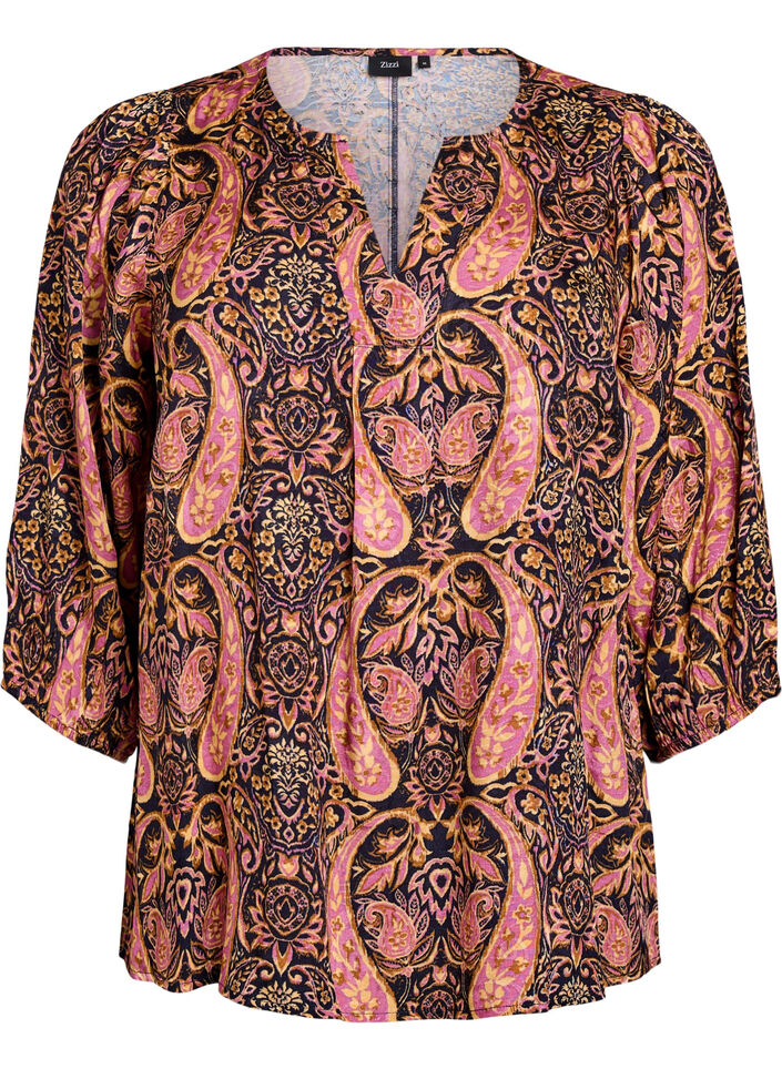 Blouse with paisley print and 3/4 sleeves, Blue, Packshot image number 0