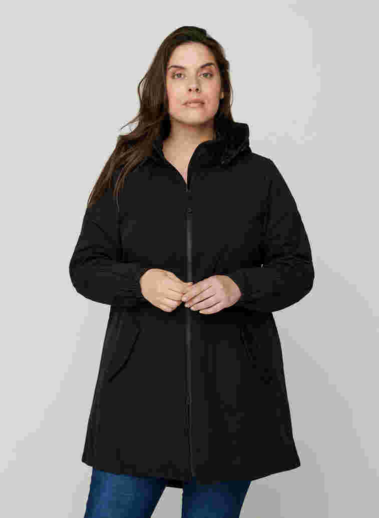 Hooded softshell jacket, Black solid, Model image number 0