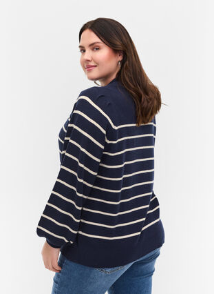 Striped knitted blouse with balloon sleeves, Navy Blazer W/Stripe, Model image number 1
