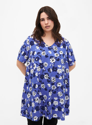 FLASH - Tunic with v neck and print, Amparo Blue Flower, Model image number 0