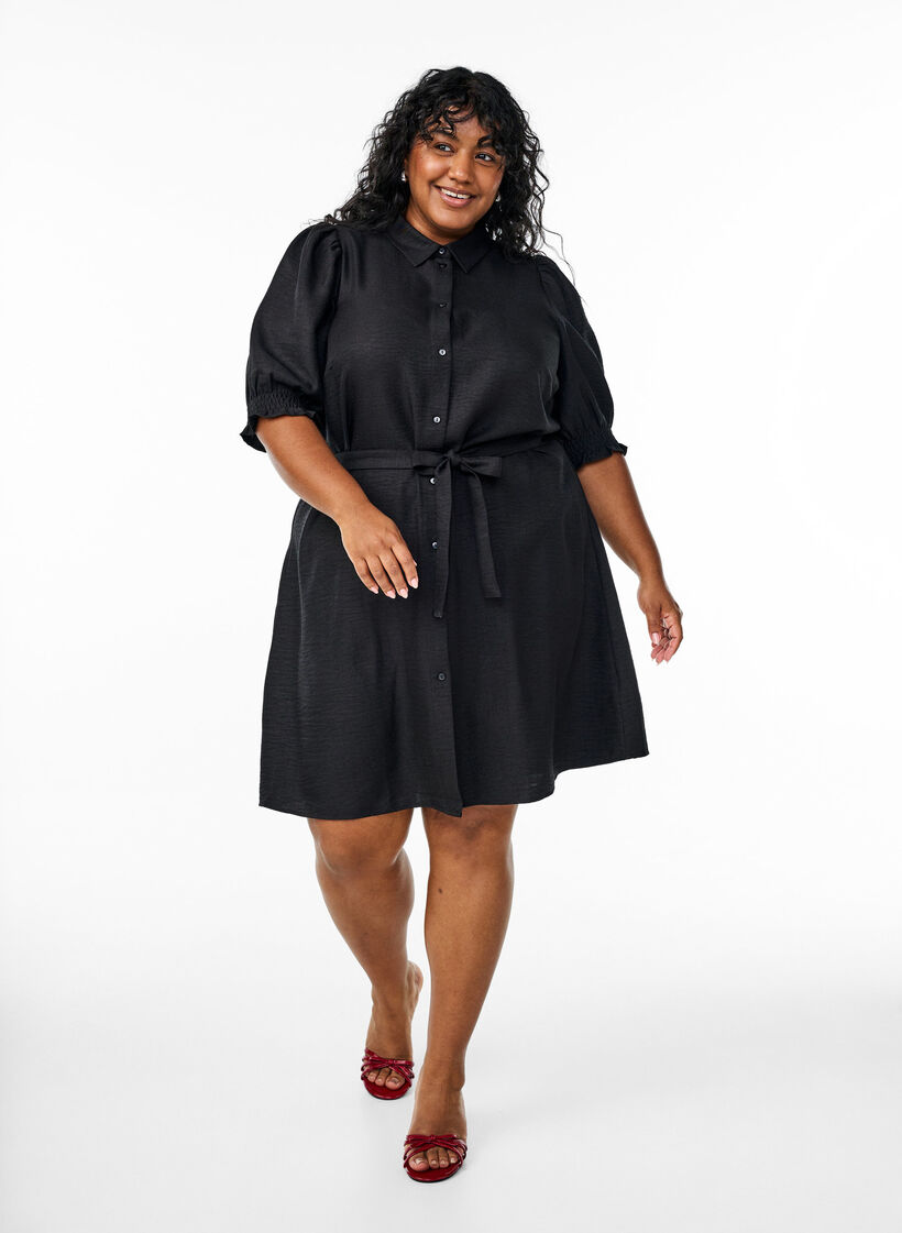 Knee-length shirt dress with tie belt, Black, Model image number 0