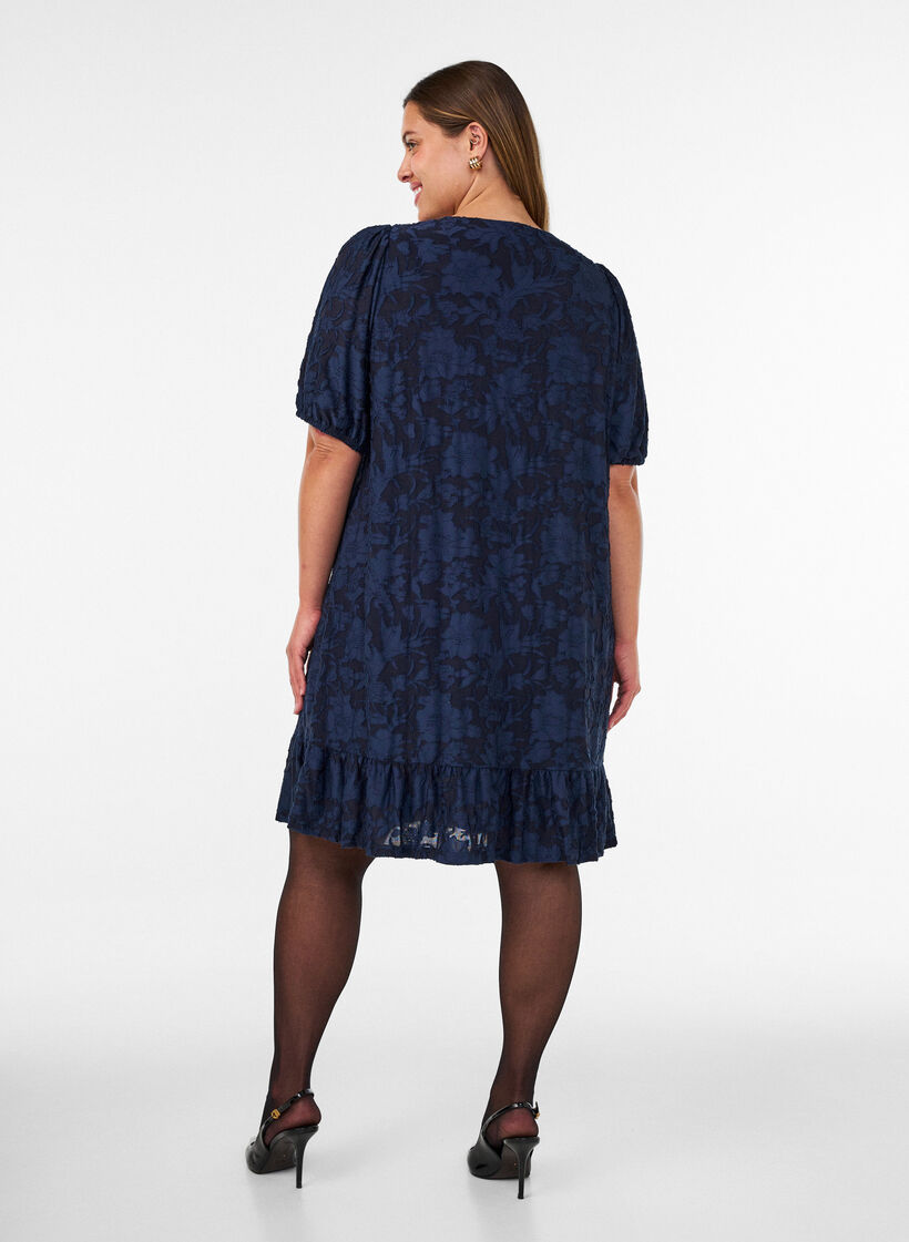 Dress with floral texture and ruffle trim, Blue, Model image number 2