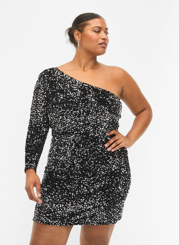 Short one-shoulder dress with sequins, Black/Silver Sequins, Model image number 0