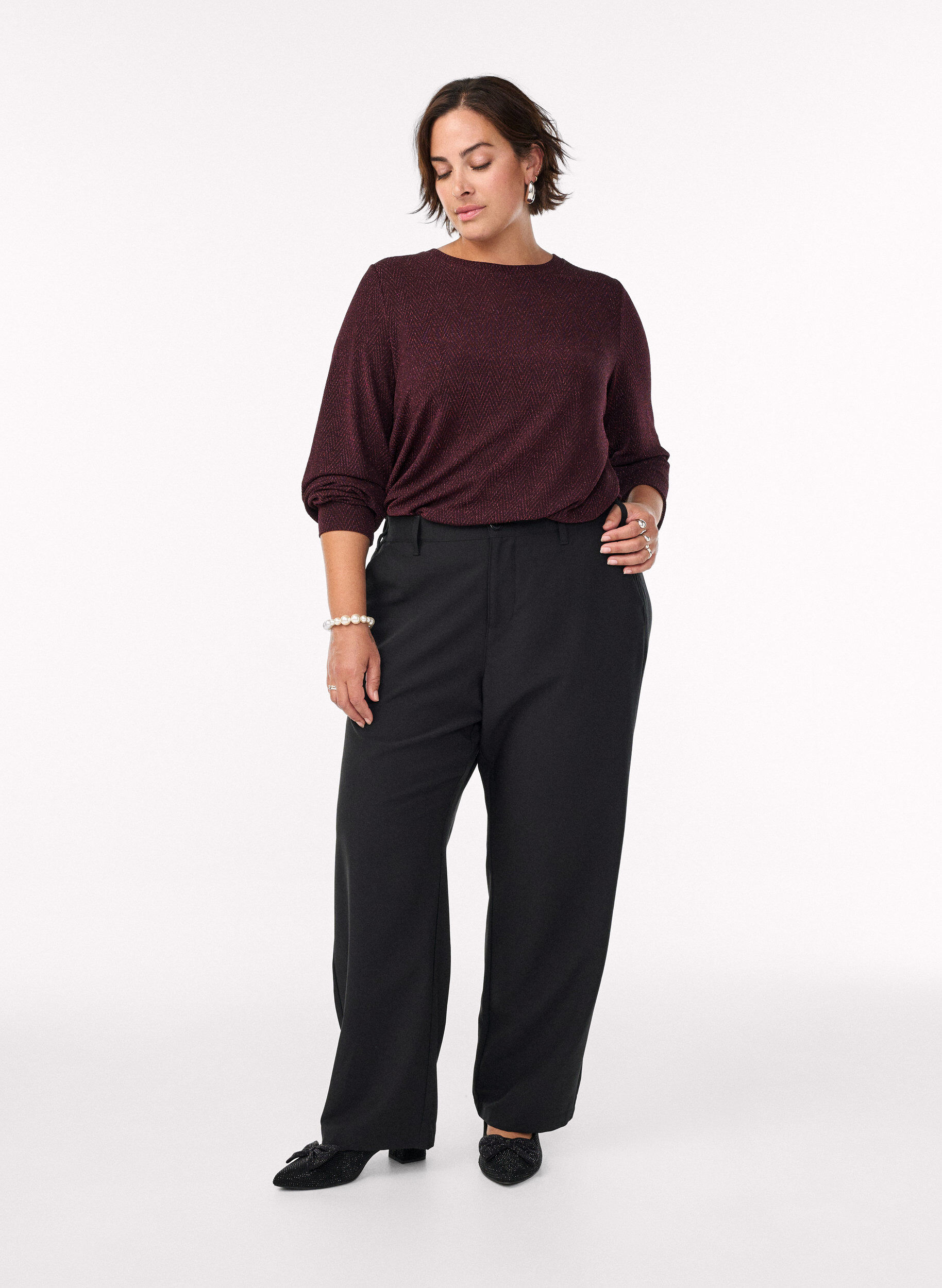 ZizzifashionBlouse with herringbone pattern and glitter thread, Dark Bordeaux, Model image number 1