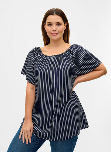 Short-sleeved striped viscose blouse, Blue White stripe, Model image number 0