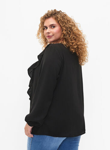Long sleeved blouse with ruffles, Black, Model image number 1
