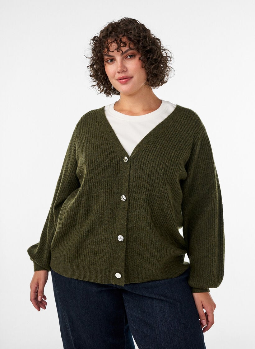 Cardigan with V-neck and ribbed texture, Green, Model image number 0