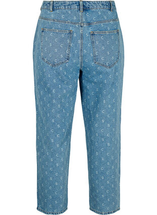 Cropped jeans with print and high waist, Blue denim, Packshot image number 1