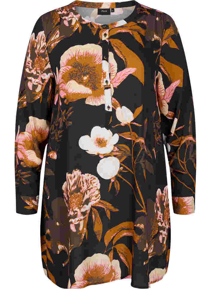 Floral tunic with long sleeves in viscose, Black Flower AOP, Packshot image number 0