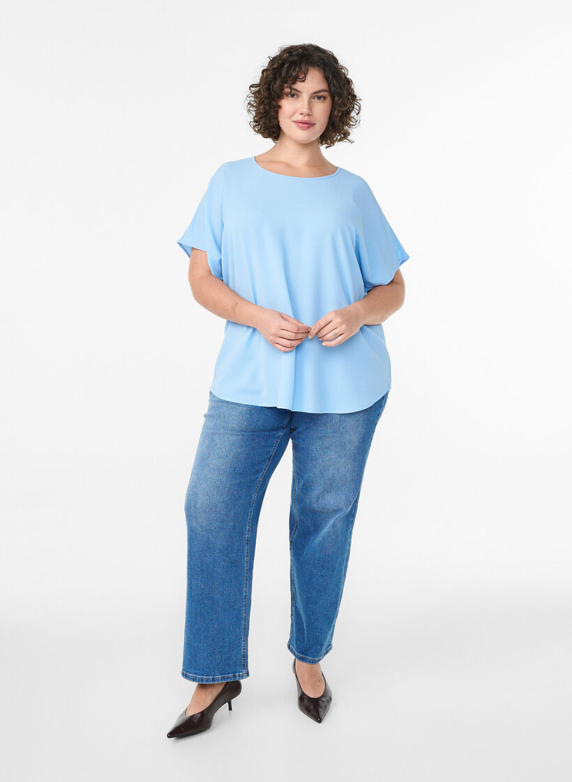 Blouse with short sleeves and a round neckline, Blue, Model image number 1
