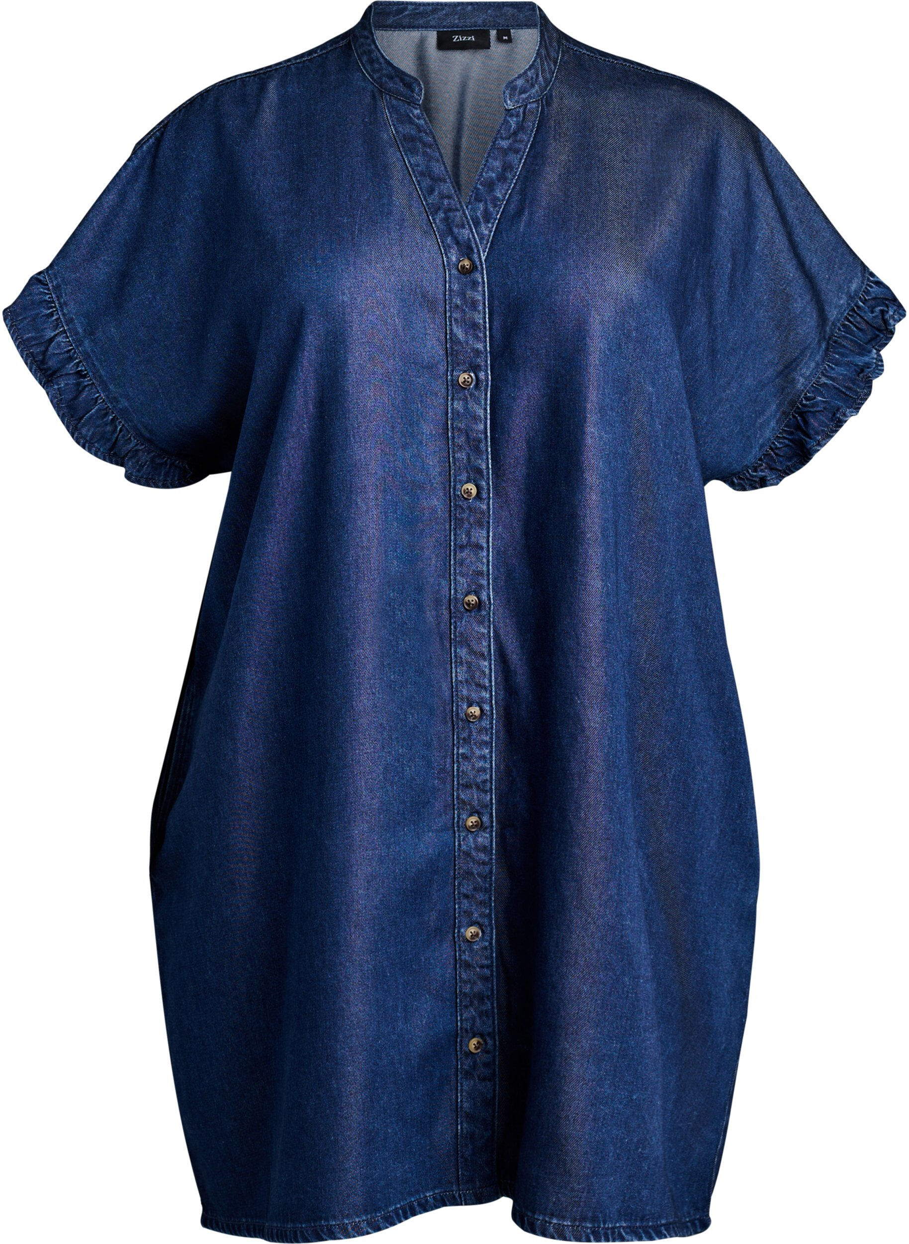Denim-look dress with button fastening and ruffle sleeves