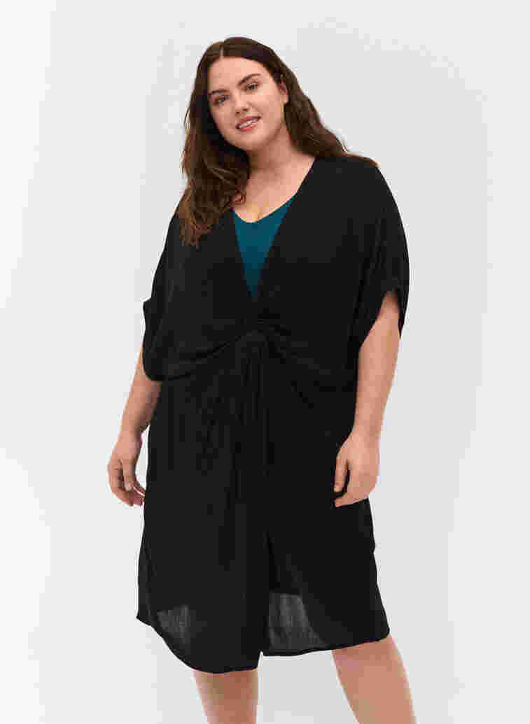 Short-sleeved viscose beach dress, Black, Model image number 0