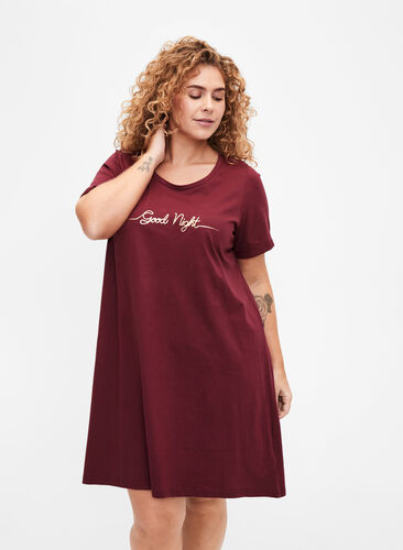 Short-sleeved nightgown in organic cotton, Zinfandel Good Night, Model image number 0