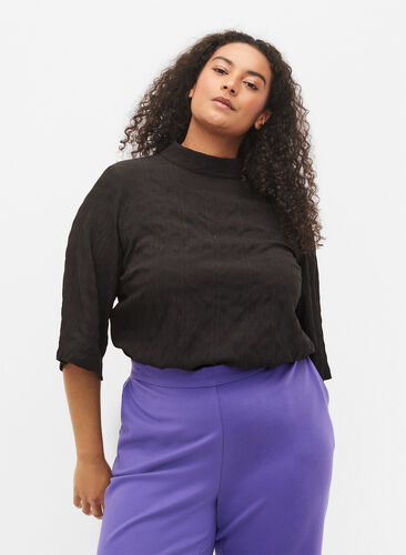 Top with high neckline and 3/4 sleeves, Black, Model image number 0