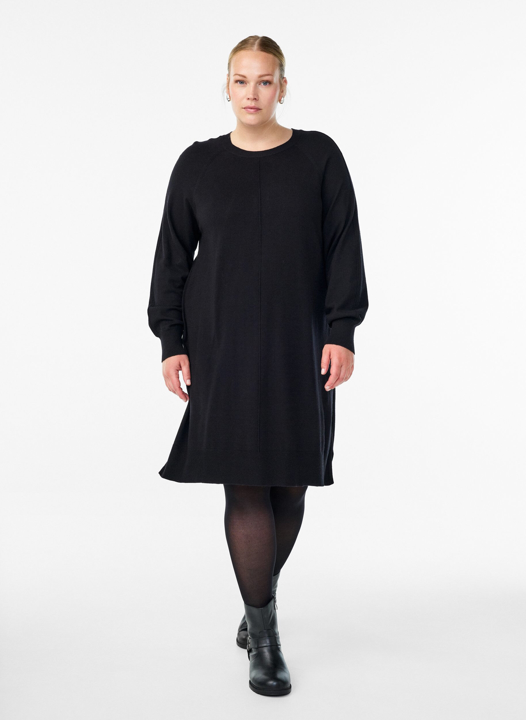 Zizzifashion Short knitted dress with raglan sleeves and a centre seam, Black, Model image number 1