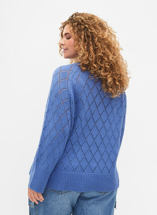Long sleeve knitted blouse with hole pattern, Blue Bonnet, Model image number 1