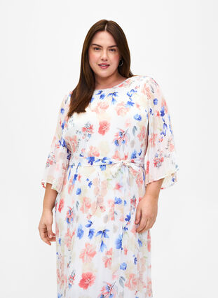 Floral pleated dress with drawstring, White/Blue Floral, Model image number 2