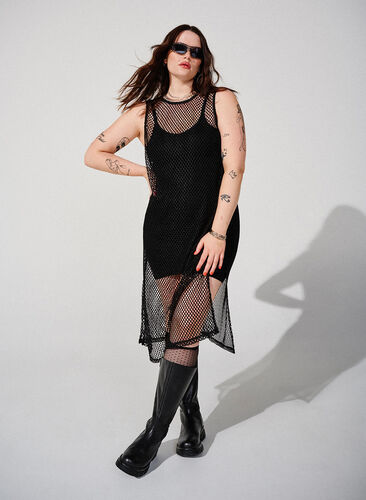 Sleeveless mesh dress with slit, Black, Image image number 0