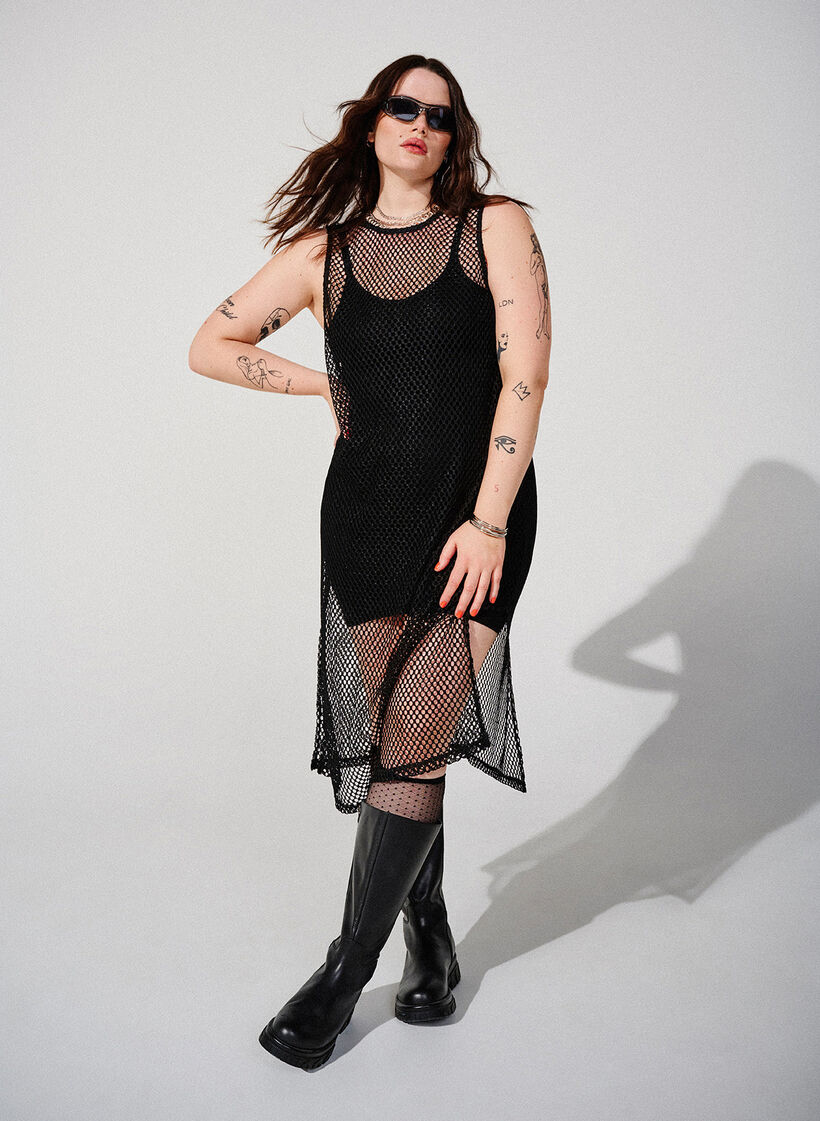 Sleeveless mesh dress with slit, Black, Image