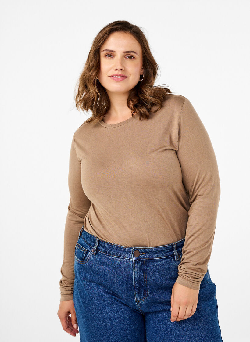 Long-sleeved blouse in wool and viscose, Brown, Model image number 0