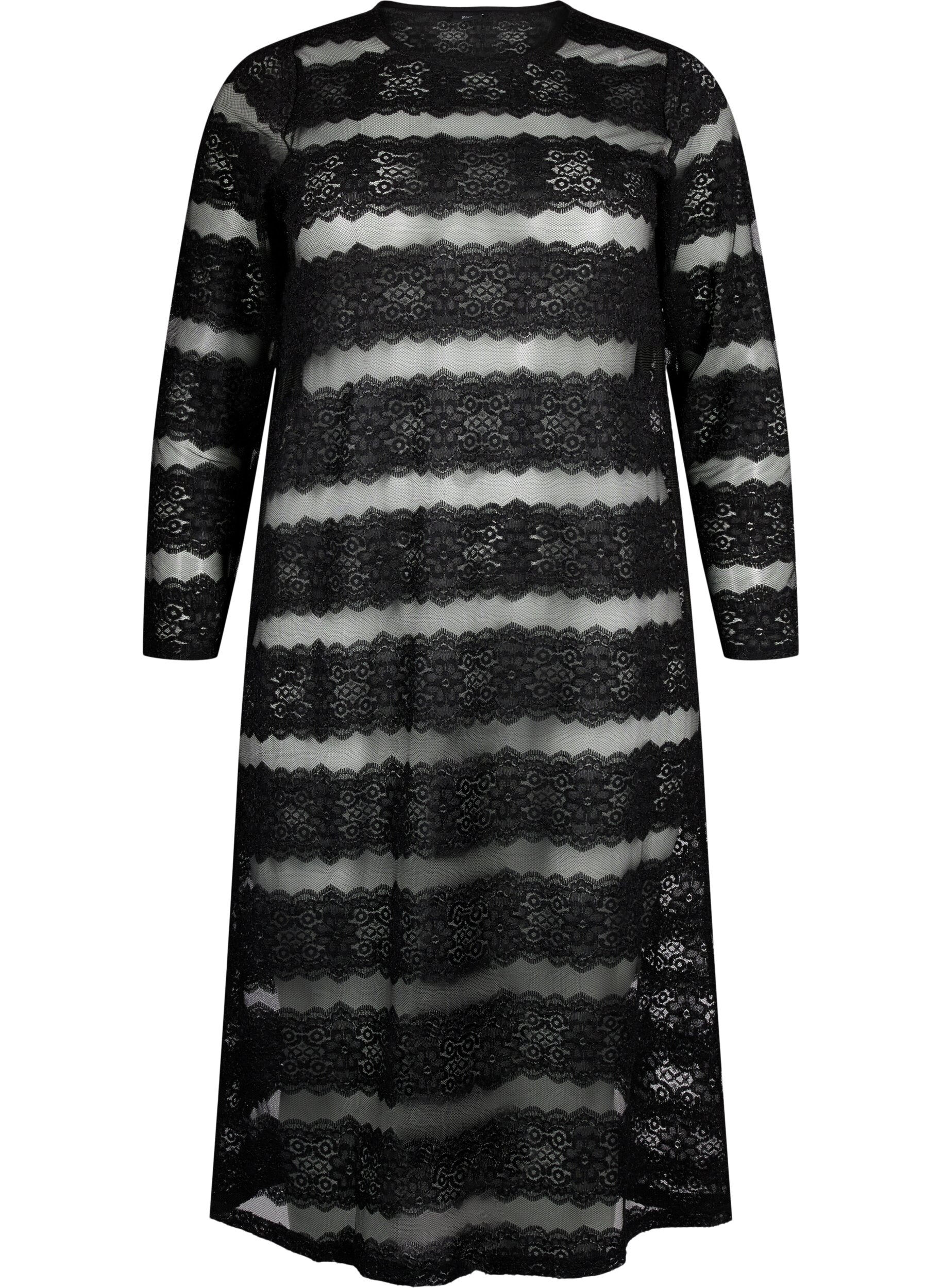 Zizzifashion Midi dress with lace and sheer mesh, Black, Packshot image number 0