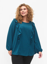 Long sleeved blouse with ruffles, Shaded Spruce Dot, Model