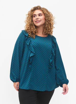 Long sleeved blouse with ruffles, Shaded Spruce Dot, Model image number 0