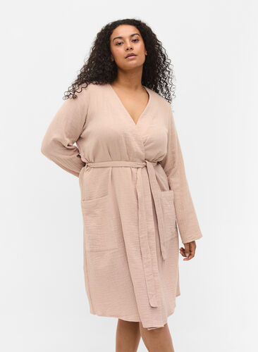 Cotton dressing gown with tie belt, Light Taupe, Model image number 0