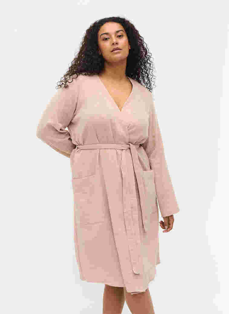 Cotton dressing gown with tie belt, Light Taupe, Model