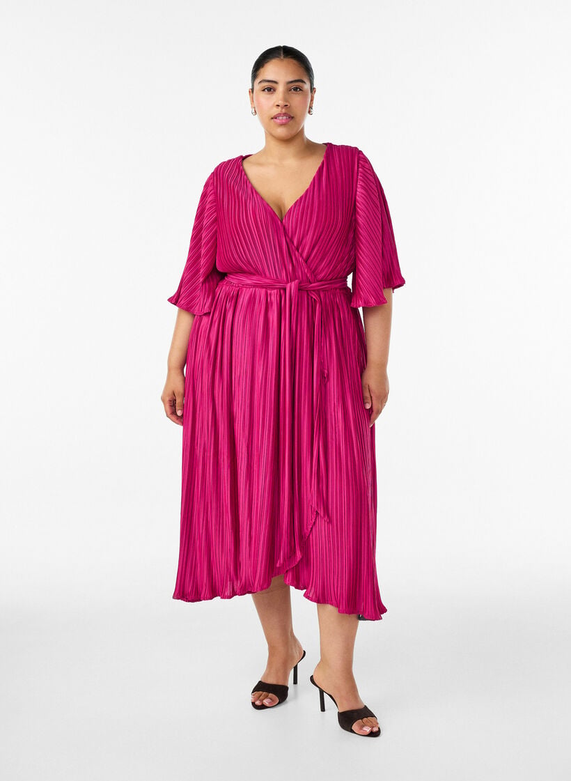 Pleated midi dress with batwing sleeves, Pink, Model image number 0