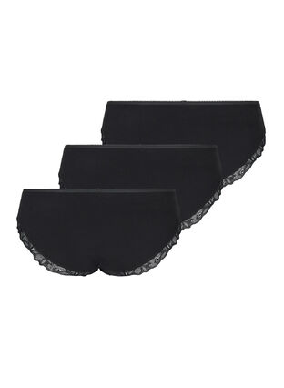 Cotton knickers 3-pack with lace trim, Black, Packshot image number 1