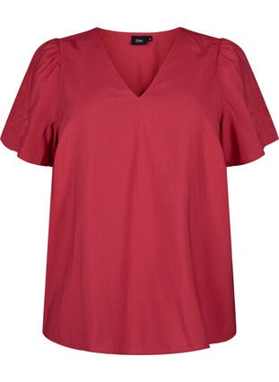 Short sleeve viscose blouse with embroidery, Tango Red, Packshot image number 0