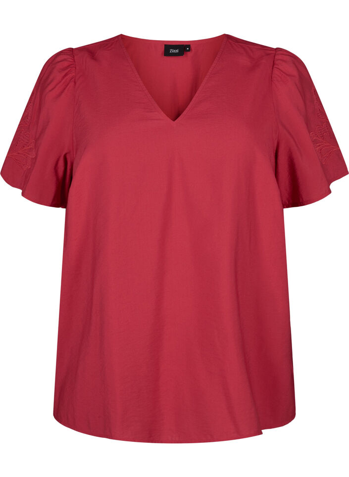 Short sleeve viscose blouse with embroidery, Red, Packshot image number 0