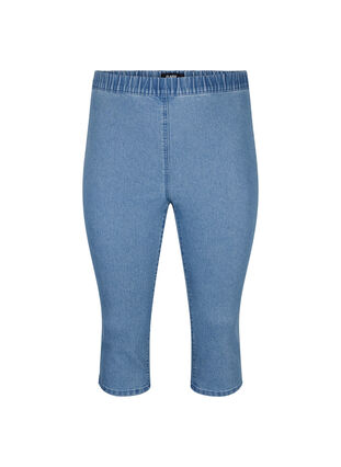FLASH - High waisted denim capri trousers with slim fit, Light Blue Denim, Packshot image number 0
