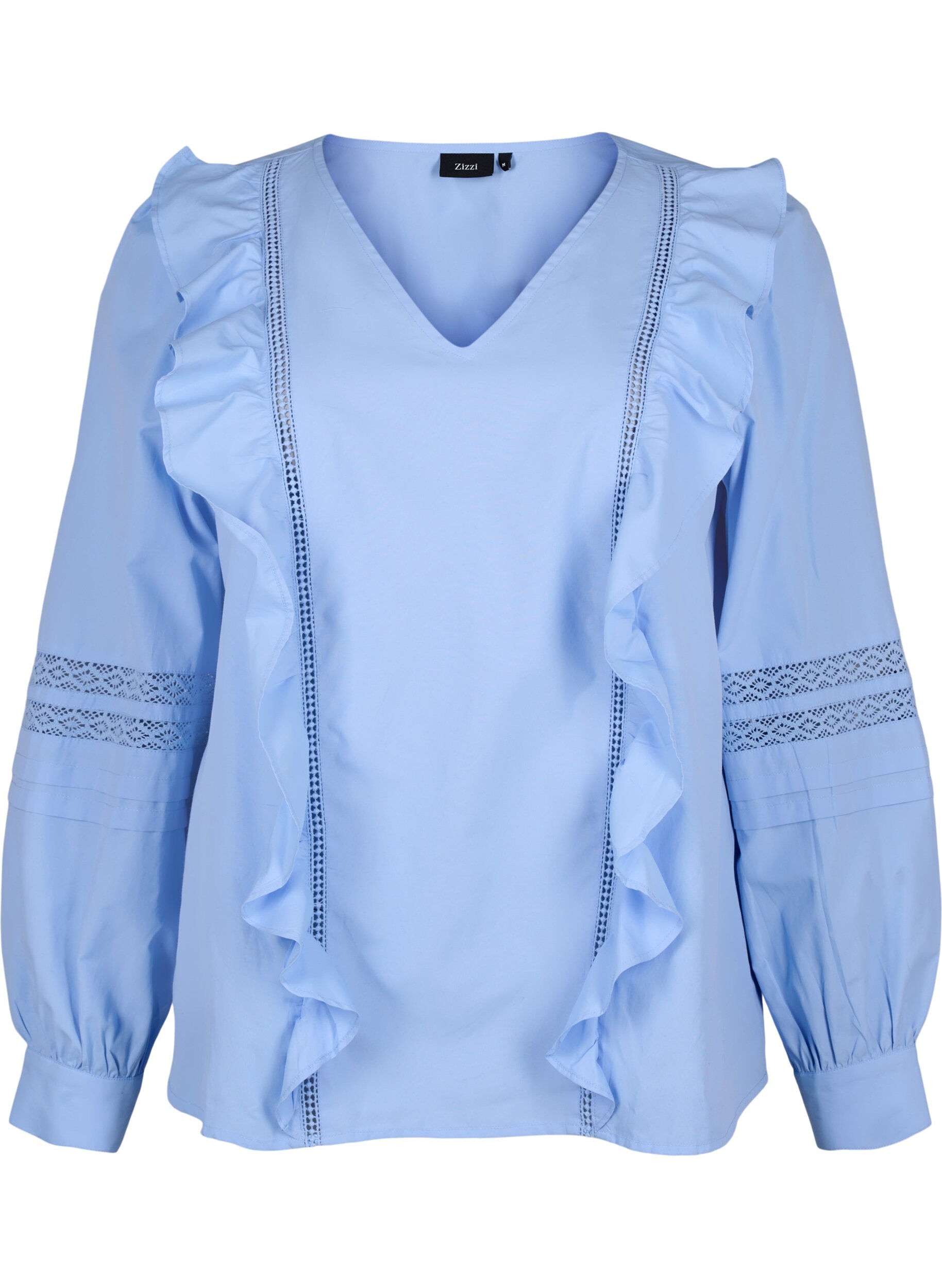 Zizzifashion Blouse with ruffles and lace trim, Light Blue, Packshot image number 0