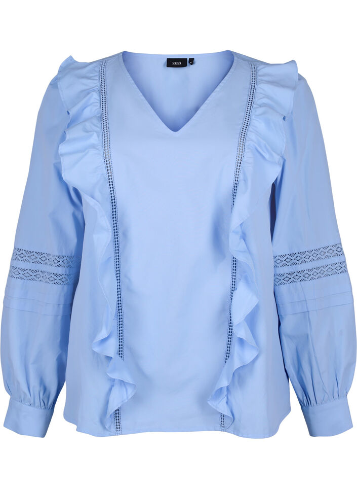 Blouse with ruffles and lace trim, Light Blue, Packshot image number 0