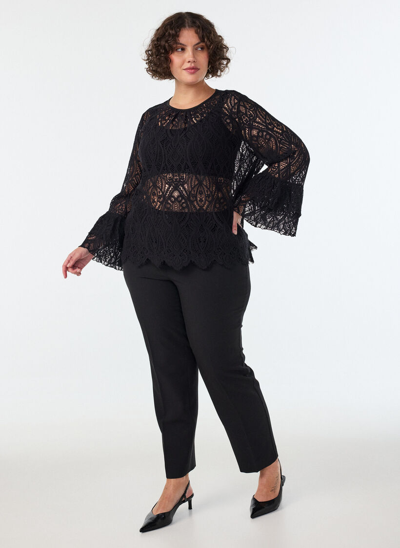 Lace blouse with long trumpet sleeves and ruffles, Black, Model image number 1